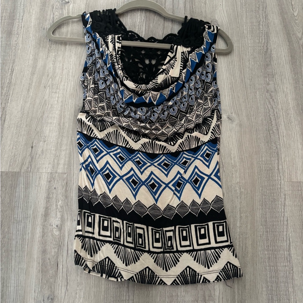 Blue white and black fancier tank with crochet